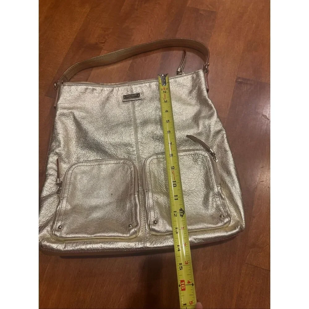 Kate Spade New York Metallic Gold Leather Shoulder Bag Tote Purse Striped Lining